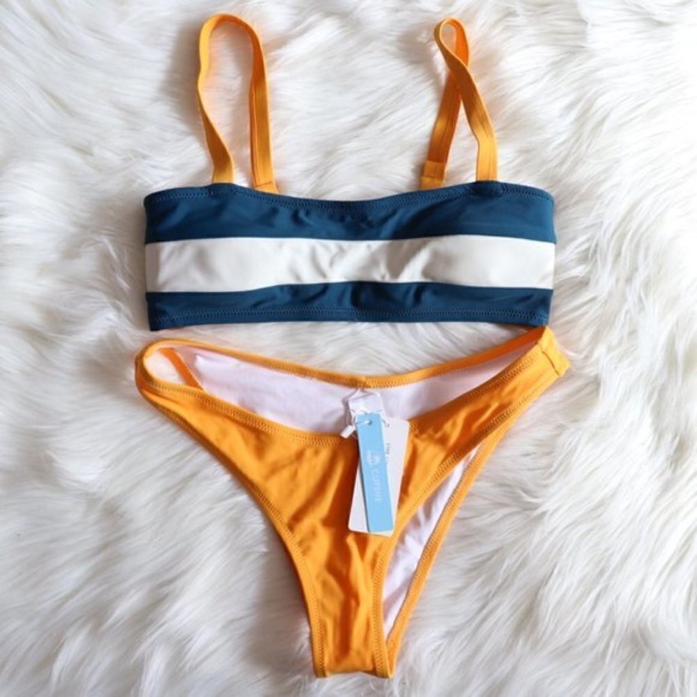 Yellow Blue White Color Block Bandeau Bikini Swim Set Size Medium NWT